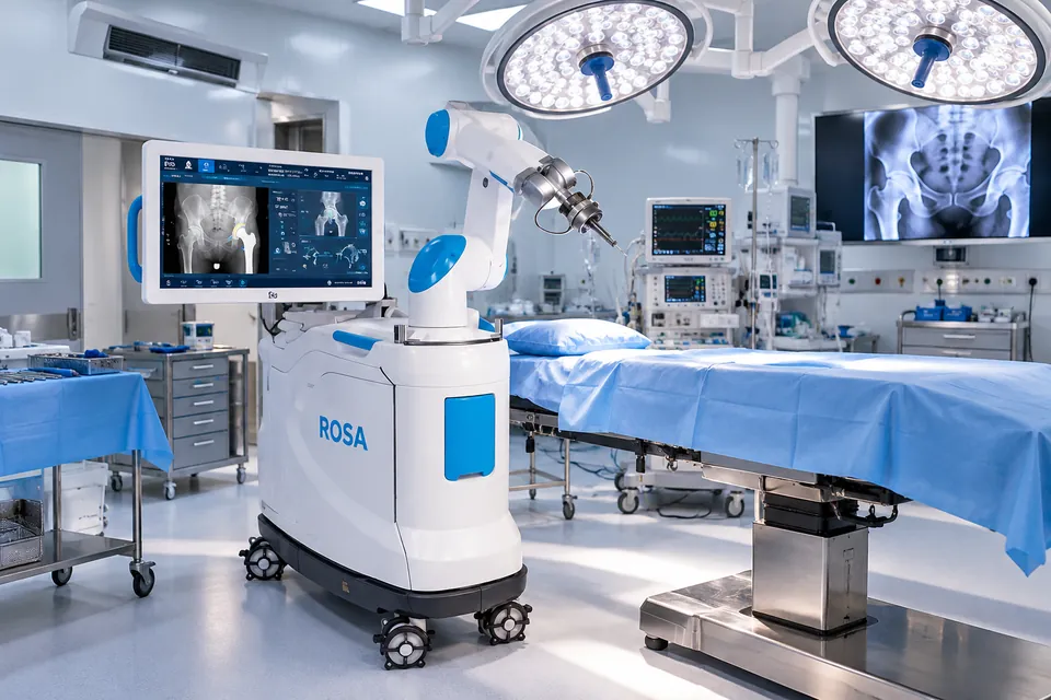 Sistema robótico ROSA en un quirófano moderno para cirugía de cadera